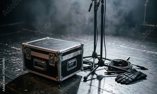Stage equipment: a flight case, microphone stands, coiled cables, and gloves on a smoky, dark stage floor.