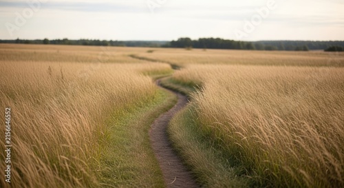 Winding Dirt Path Through a Golden Field Under Cloudy Sky.