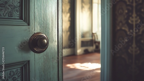 A slightly open antique teal door with ornate detailing and a brass knob reveals a glimpse of a vintage room beyond.