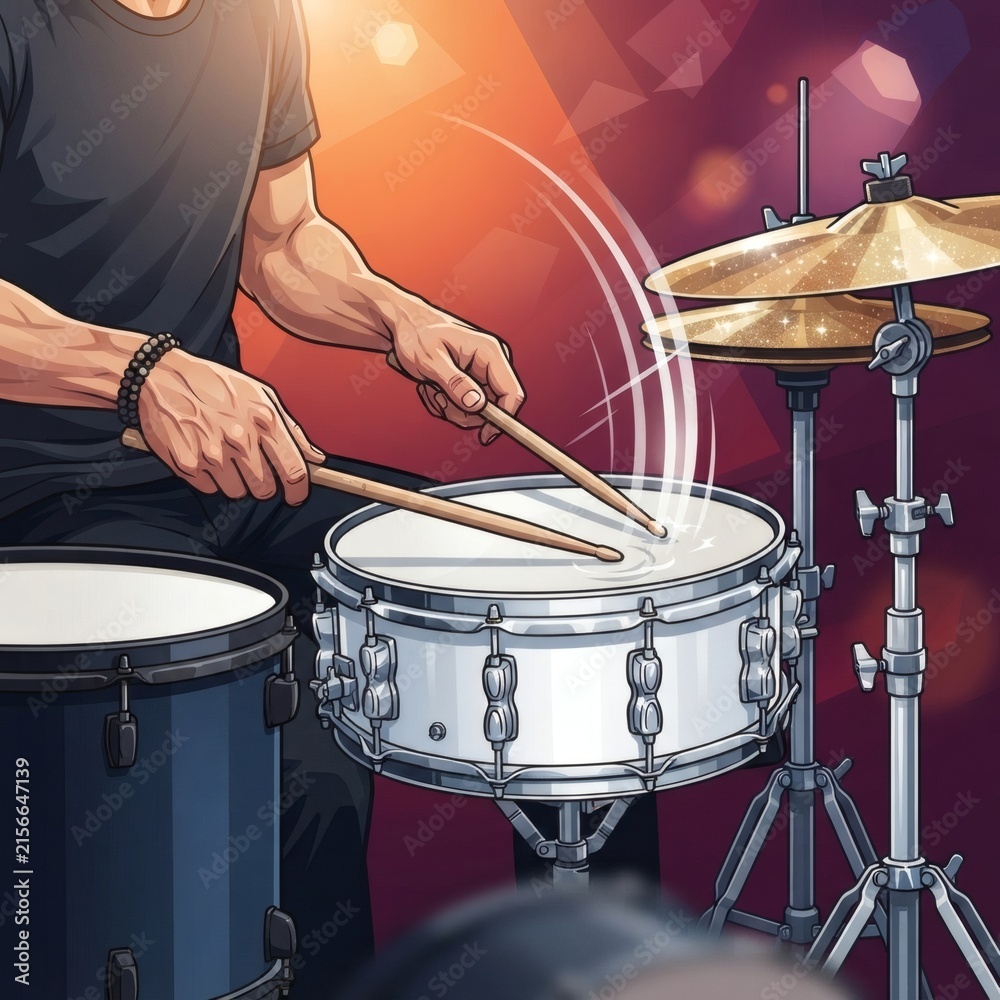 Obraz premium Energetic Professional Drummer Performing a Dynamic Musical Rhythm on a Stage with Bright Dramatic Lighting Effects