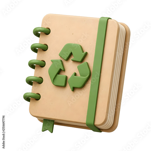Back to School Season Peak eco friendly spiral notebook with green recycling symbol icon.