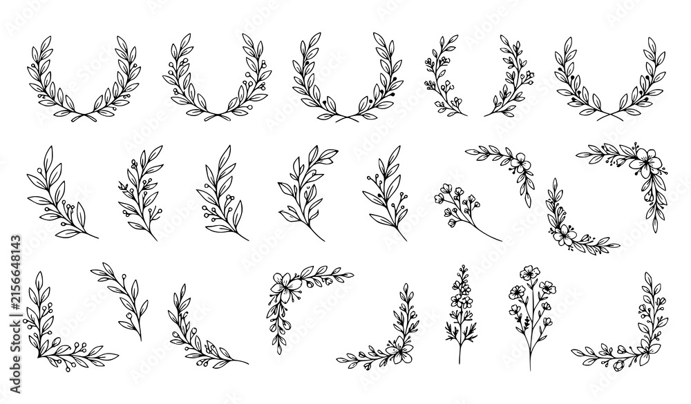 Fototapeta premium SEO Title: Hand drawn laurel wreaths leafy branches herbs and botanical ornaments black white vector collection