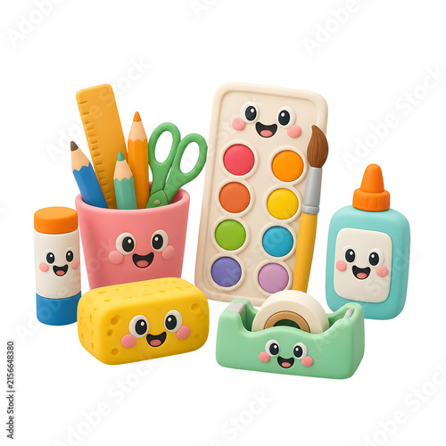 Back to School Season Peak cute stationery supplies with happy faces for children learning creative arts and crafts.