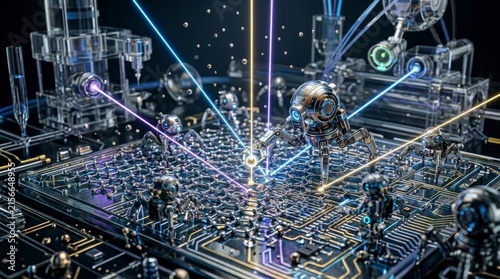 Microscopic robot machines build molecular structures with laser beams on futuristic circuit board.