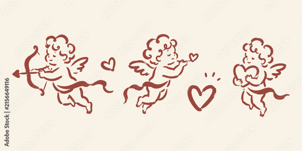 Fototapeta premium Cupid Cherub Love Characters Hand Drawn Set Illustration