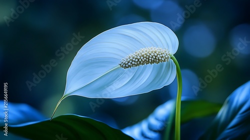 Close-up of a single white peace lily with its unique spadix and spathe, gently curved, set against a blurred dark green background.