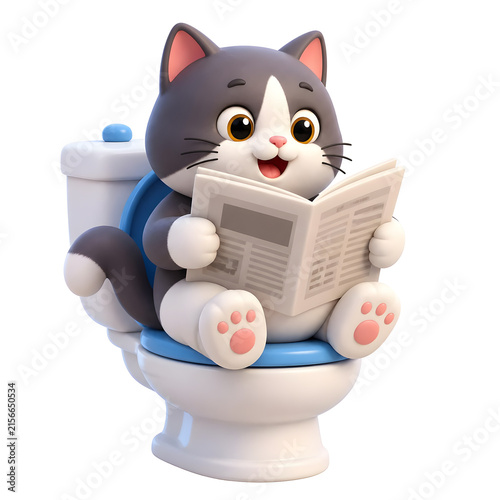 International Cat Day cute kitten sitting on a toilet reading a newspaper cartoon character illustration.