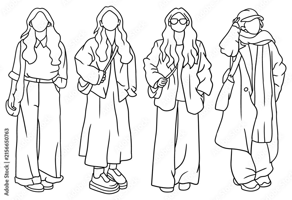 Fototapeta premium Collection of modern trendy girls in casual street style clothing line art. Black and white vector fashion illustrations, ideal for adult coloring book pages and creative design