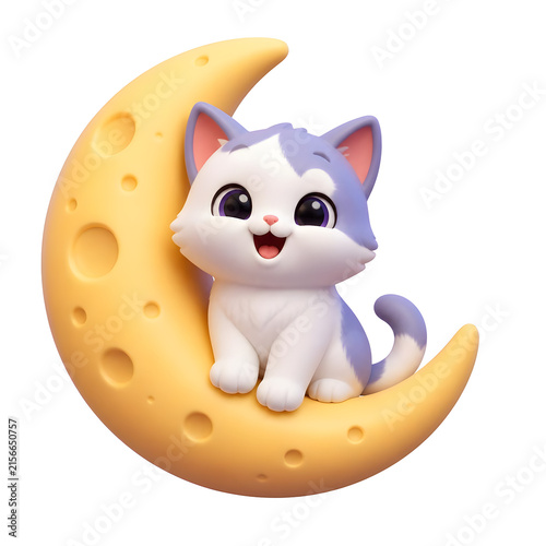 International Cat Day cute kitten sitting on a yellow crescent moon figurine.