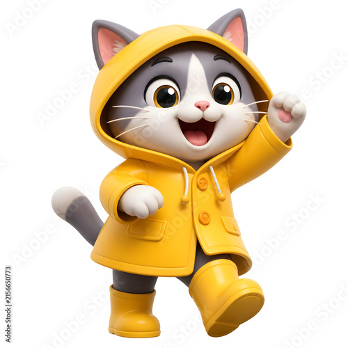 International Cat Day cute kitten wearing a bright yellow raincoat and matching boots for rainy weather.