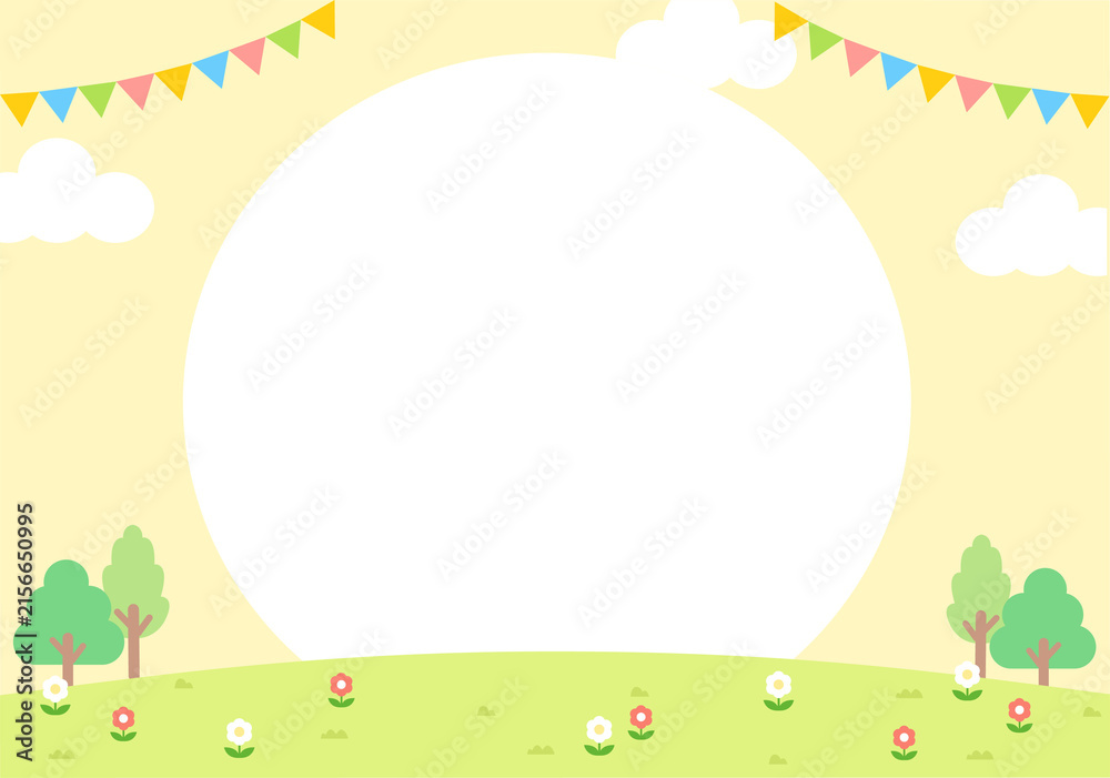 Naklejka premium Cute Yellow Kindergarten Frame with Party Flags and Floral Border