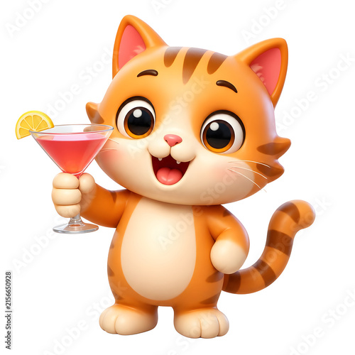 International Cat Day cute orange kitten character holding a refreshing pink cocktail drink with a lemon slice.