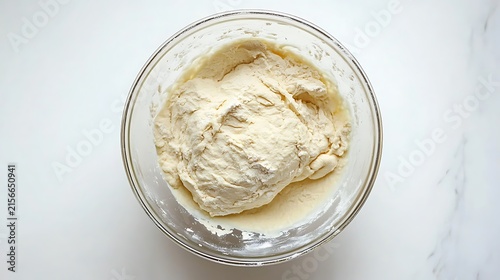 Creamy dough in a glass bowl, overhead shot.