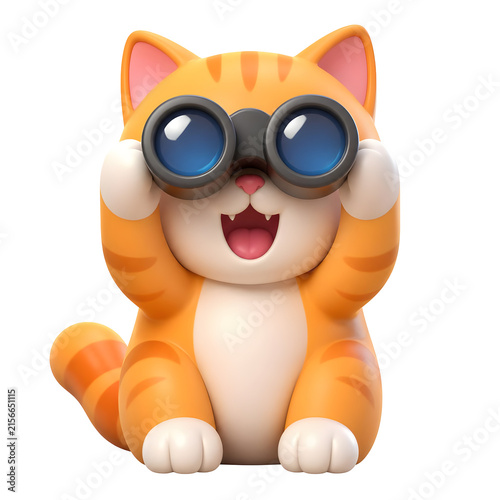 International Cat Day cute orange kitten character holding black binoculars looking for adventure.
