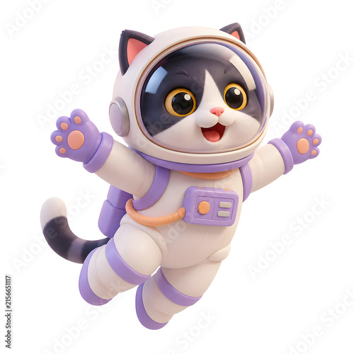 International Cat Day cute kitten wearing a futuristic space suit floating in zero gravity.