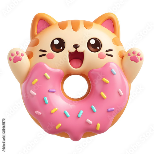International Cat Day cute kitten character integrated with a delicious pink glazed ring pastry treat.