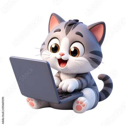 International Cat Day cute grey kitten using a modern laptop computer for work.