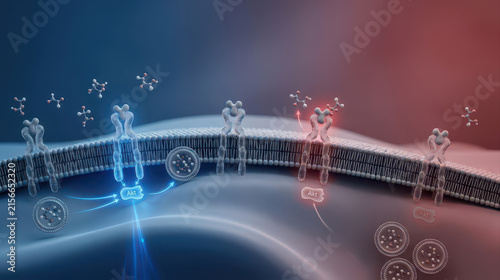 Insulin resistance concept showing molecular interaction with cell membrane receptors and signaling pathways in scientific medical illustration with blue and red color tones
