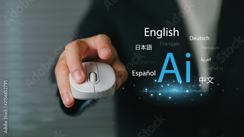 Businessman pointing at digital screen with language icons and artificial intelligence concept