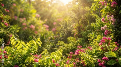 Sunlit Tropical Garden With Dense Pink Flowers and Lush Greenery