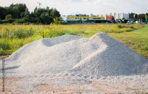 Photography Large pile of crushed limestone gravel, a versatile construction material used f
