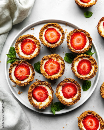 Strawberry cookies with cream on a white plate top view
