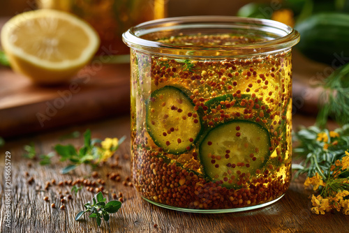 Jar of pickled cucumbers with herbs and lemon slice