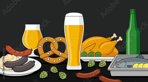 Flat vector illustration of a traditional German beer feast with pretzel, sausages, and roasted chicken.