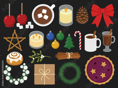 Cozy Winter Holiday Festive Icon Set with Hot Cocoa, Candles, and Christmas Treats