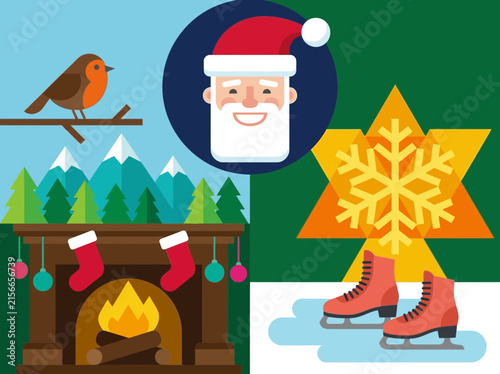 Flat Design Christmas and Winter Holiday Illustration Collection with Santa and Fireplace