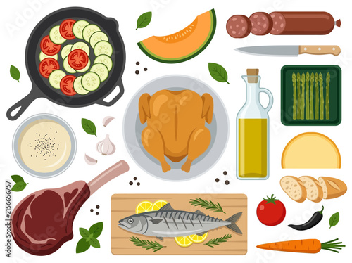 Flat Vector Illustration of Assorted Food Ingredients and Prepared Dishes