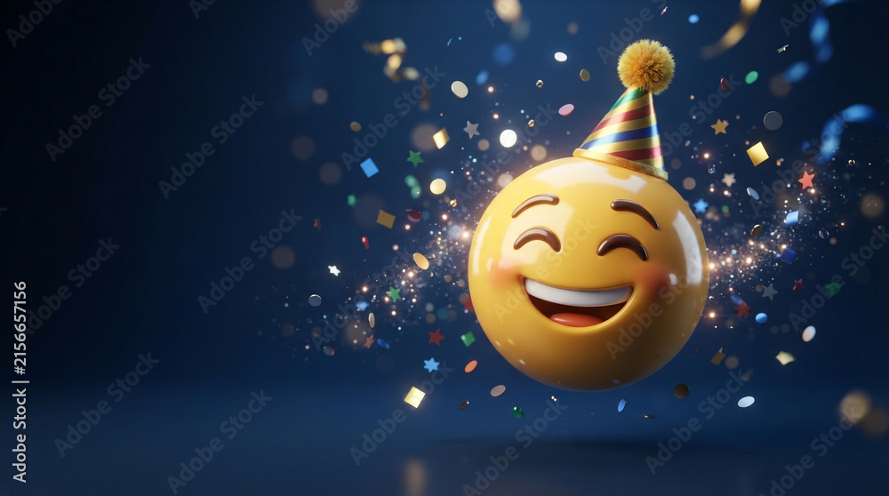 Fototapeta premium Cheerful 3D party emoji with birthday hat. Happy yellow emoticon celebrating with gold confetti. Festive smiley face on dark blue background.