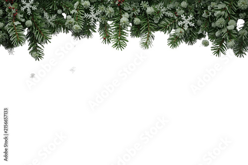 Dense evergreen top border with white winter ornaments and snowy accents