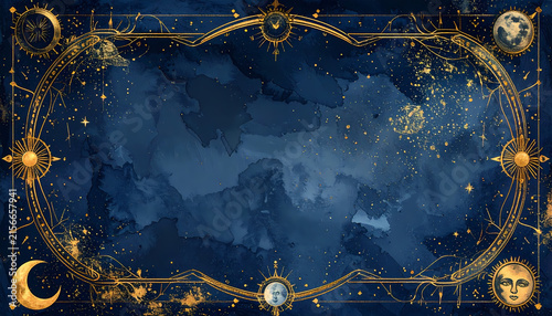 Golden celestial frame with moon and sun motifs on a navy blue watercolor background.