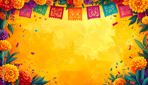 Vibrant Day of the Dead background with orange marigolds and colorful papel picado banners for Mexican holiday celebrations.