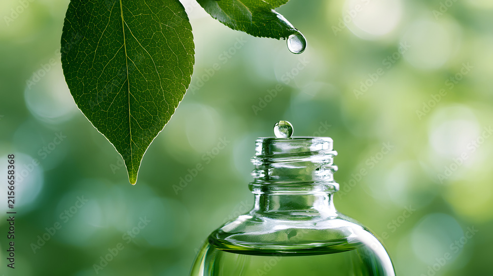 Fototapeta premium Water dripping from a leaf into a cosmetic bottle. A natural, organic, biologically inspired background for fresh and pure skincare products