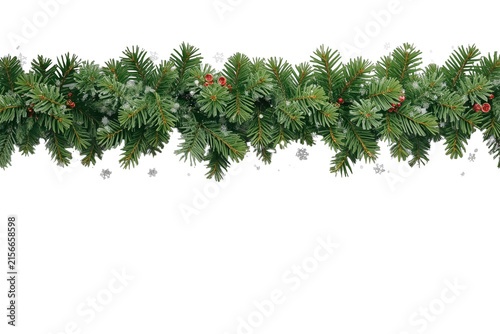 Holiday evergreen garland with red berries white snowflakes and pine foliage