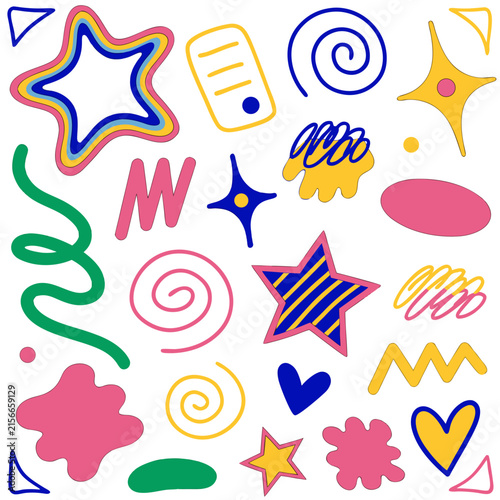 Cute handmade crayon doodle collage featuring colorful stars, spiral swirls, shooting stars, hearts, clouds, dots, and abstract scribble shapes, imperfect hand-drawn texture, playful scrapbook style, 