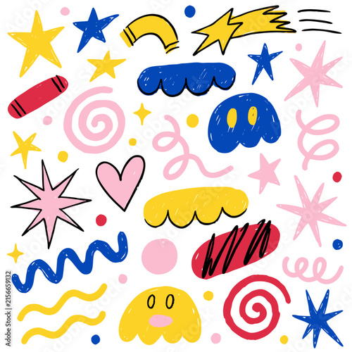 Bright scrapbook collection of funky rainbow stars, spiral doodles, squiggles, sparkles, hearts, and playful crayon shapes, colorful kids scribble aesthetic, nostalgic Y2K-inspired design, hand-drawn 
