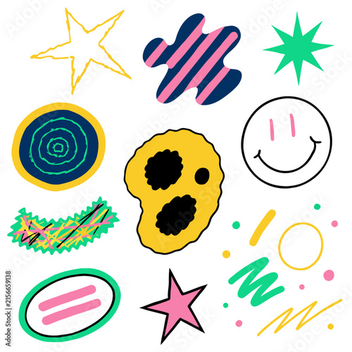 Trendy Y2K scrapbook sticker set with funky stars, spiral shapes, smiley faces, abstract scribbles, dots, and colorful hand-drawn crayon textures, nostalgic 2000s aesthetic, playful kids doodle style,