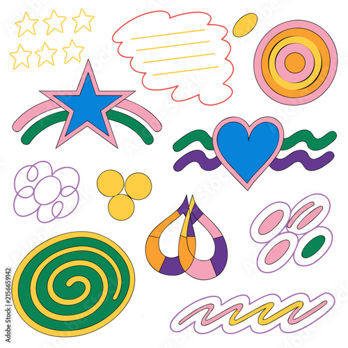 Funky scrapbook sticker collection featuring hand-drawn crayon stars, spirals, swirls, hearts, dots, and playful scribble shapes, colorful Y2K aesthetic, kids crayon style, isolated elements