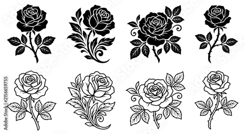 Eight black rose illustrations with leaves and swirling stems on a white background