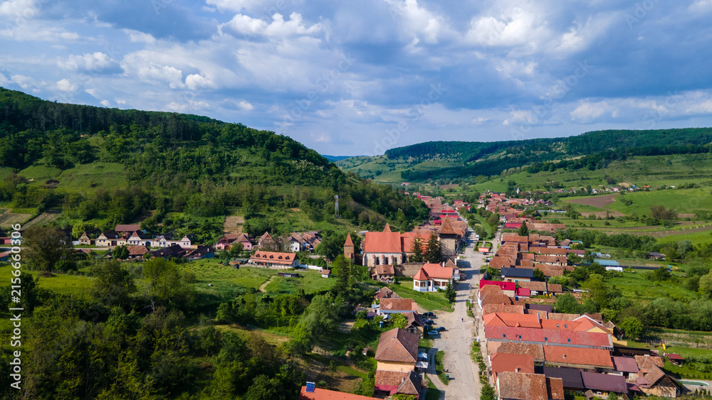 Fototapeta premium aerial view of medieval church of Valchid, Sibiu, Transylvania, Romania