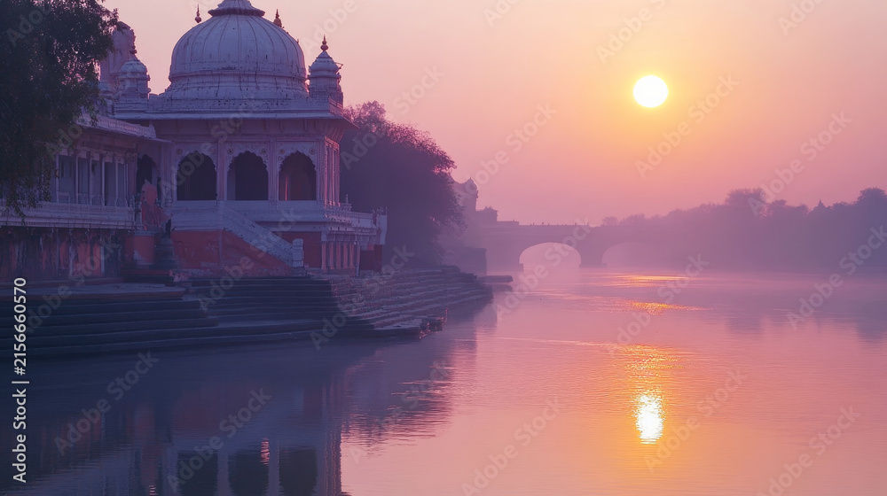 Fototapeta premium Ornate white dome pavilion and stone ghats at sunrise with pink mist over a calm river