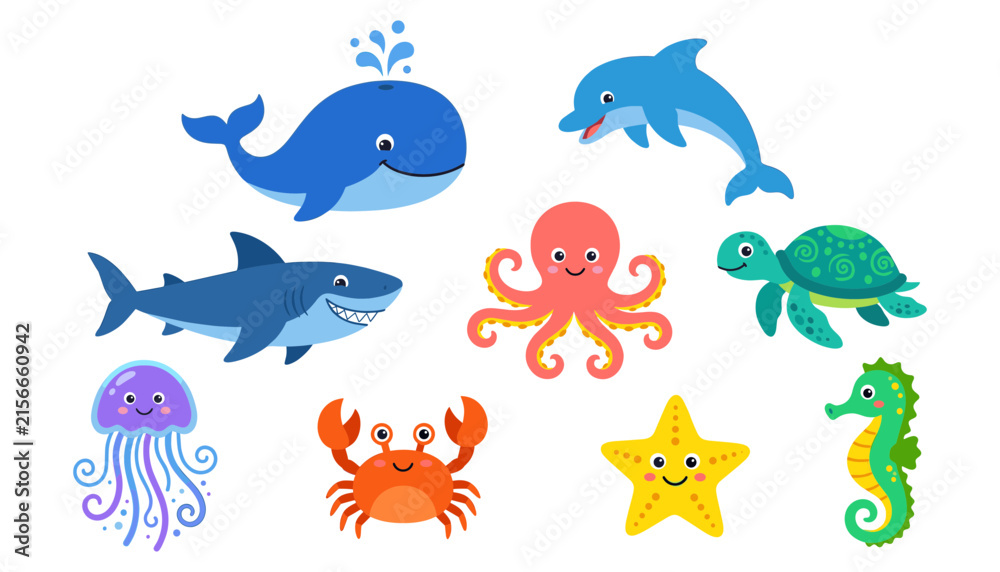 Fototapeta premium Cute Sea Creatures and Ocean Animals Vector Illustration Set Featuring Cartoon Whale, Dolphin, Shark, Octopus, Turtle, Jellyfish, Crab, Starfish, and Seahorse