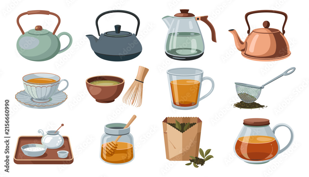 Obraz premium Traditional Tea Ceremony Icon Set with Teapots Matcha Whisk Cups Honey Strainer and Leaves for Cafe Branding