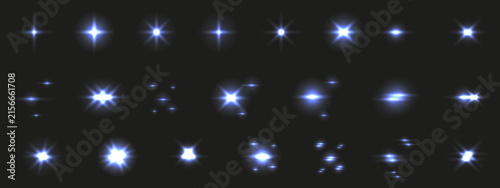 Vector Glowing Stars Set isolated black background. Big Collection of Overlay Light Stars with Bright rays. Perfect for web design