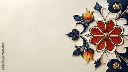 Partial traditional ceramic floral medallion on cream background