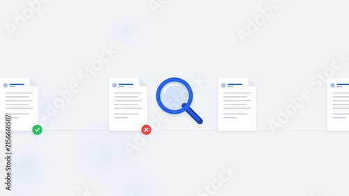 Magnifying glass inspecting document files with check and cross mark icons