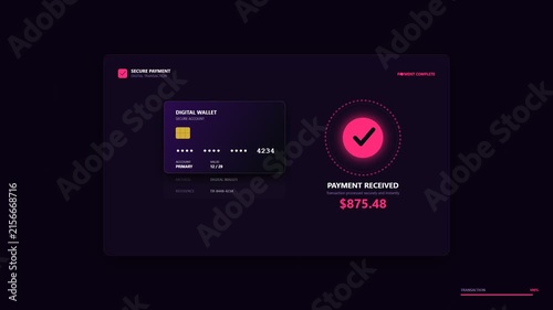 Digital credit card payment confirmation interface with successful transaction
